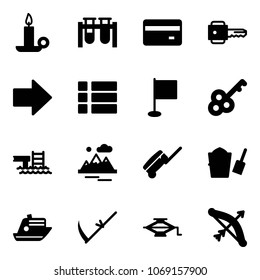 Solid vector icon set - candle vector, vial, credit card, key, right arrow, menu, flag, pool, mountains, suitcase, bucket scoop, cruiser, scythe, jack, bow