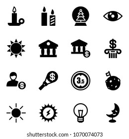 Solid vector icon set - candle vector, snowball tree, eye, sun, bank, account, money torch, limited height road sign, moon flag, power, bulb, lamp