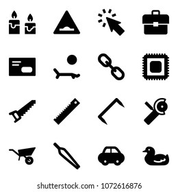 Solid vector icon set - candle vector, artificial unevenness road sign, cursor, portfolio, envelope, lounger, link, cpu, saw, ruler, staple, Angular grinder, wheelbarrow, forceps, car, toy duck