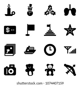 Solid vector icon set - candle vector, snowman, holly, lungs, credit card, flag, pyramid, starfish, photo, cruiser, clock, fine signal, camera, bear toy, bow