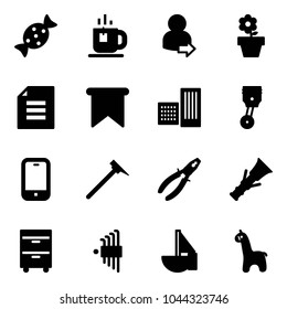 Solid vector icon set - candy vector, tea, user login, flower pot, document, flag, building, piston, mobile phone, mason hammer, pliers, dowel, tool cabinet, allen key set, sailboat toy, giraffe