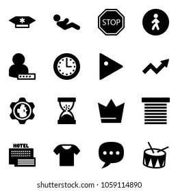Solid vector icon set - candy vector, abdominal muscles, stop road sign, pedestrian way, user password, time, play, growth arrow, gear globe, sand clock, crown, jalousie, sea hotel, t shirt, chat