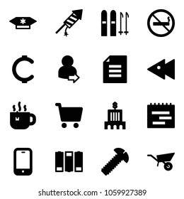 Solid vector icon set - candy vector, firework rocket, ski, no smoking sign, cent, user login, document, fast backward, hot tea, cart, bank building, terms plan, mobile phone, battery, screw