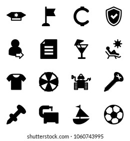 Solid vector icon set - candy vector, flag, cent, shield check, user login, document, drink, beach, t shirt, parasol, robot, screw, nail dowel, machine tool, sailboat toy, soccer ball