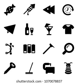 Solid vector icon set - candy vector, firework rocket, fast backward, clock around, paper fly, wine, drink, t shirt, bezier, battery, mason hammer, magnifier, screw, rake, machine tool, pyramid toy