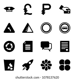 Solid vector icon set - candy vector, pound, ruble, card pay, turn left road sign, landslide, prohibition, no bus, circle, document, dialog, agreement, garbage, rocket, flower, atom core