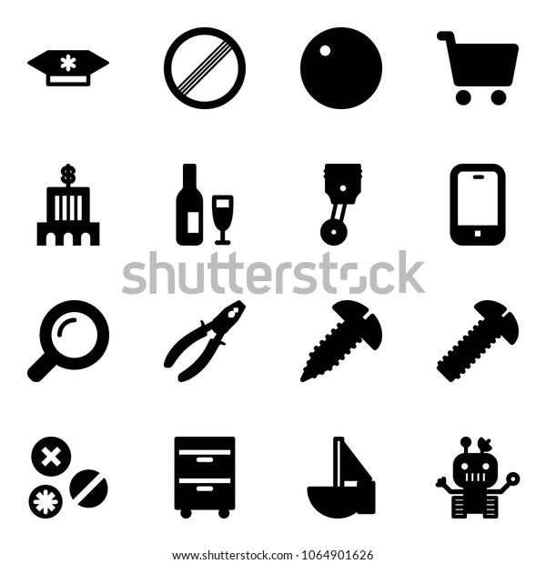 Solid\
vector icon set - candy vector, no limit road sign, record, cart,\
bank building, wine, piston, mobile phone, magnifier, pliers,\
screw, rivet, tool cabinet, sailboat toy,\
robot