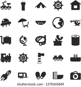 Solid vector icon set - canned food flat vector, lighthouse, rocket, helicopter, globe, lunar rover, ufo, earth fector, train, trailer, airport tower, passport control, tent, hotel first line, pool