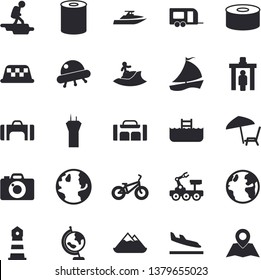 Solid vector icon set - canned food flat vector, earth, lighthouse, sailboat, globe, lunar rover, ufo, bicycle, sport bag, trailer fector, airport tower, hike, control gate, arrival, chaise lounge