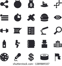 Solid vector icon set - canned food flat vector, molecules, dollar, wealth, reading lamp, to do list, moon, satellit, hostory roll, magnifier, dna, astronaut helmet fector, dumbbell, fitball, squats