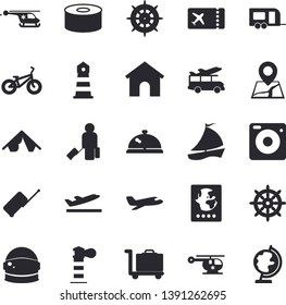 Solid vector icon set - canned food flat vector, lighthouse, sailboat, helicopter, astronaut helmet vector, bicycle, aircraft, trailer, luggage, passport, ticket, tent, departure, trolley, transfer