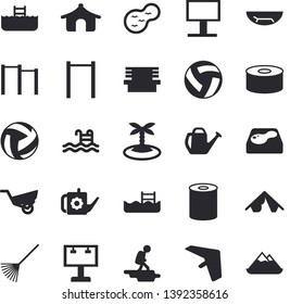 Solid vector icon set - canned food flat vector, rake, watering can, garden wheelbarrow, bench, pond, pool, billboard, volleyball, parallel bars, hike fector, hang glider, tent, sea beach, island