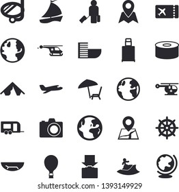 Solid vector icon set - canned food flat vector, earth, sailboat, helicopter, fector, aircraft, trailer, balloon, luggage, ticket, tent, hotel first line, get, sea beach, chaise lounge, surfing
