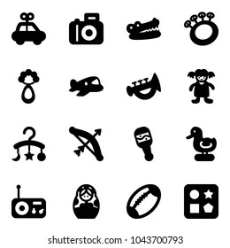 Solid vector icon set - car toy vector, camera, crocodile, beanbag, plane, horn, doll, baby carousel, bow, duck, radio, russian, football, cube hole