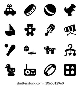 Solid vector icon set - car toy vector, tambourine, ball, dinosaur, sailboat, bear, beanbag, xylophone, baseball bat, constructor blocks, horse, baby carousel, duck, radio, football, cube hole