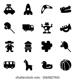 Solid vector icon set - car toy vector, rocket, boomerang, crocodile, horse stick, truck, robot, horn, doll, block house, puzzle, unicorn, bus, giraffe, duck, basketball