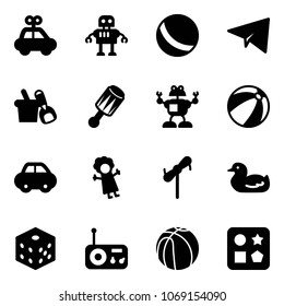Solid vector icon set - car toy vector, robot, ball, paper plane, shovel bucket, beanbag, beach, doll, windmill, duck, bones, radio, basketball, cube hole