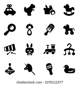 Solid vector icon set - car toy vector, dinosaur, shovel bucket, rocking horse, beanbag, wheel, xylophone, rabbit, train, baby carousel, wirligig, unicorn stick, duck