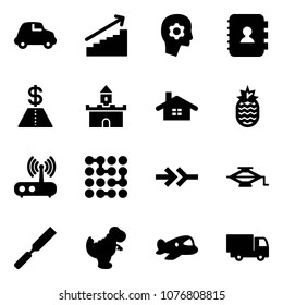 Solid vector icon set - car vector, growth, brain work, contact book, dollar, sand fort, home, pineapple, wi fi router, circuit, connect, jack, rasp, dinosaur toy, plane, truck