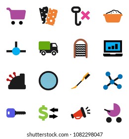 solid vector icon set - car fetlock vector, foam basin, washboard, sieve, exchange, cart, laptop graph, breads, no hook, connect, network, key, cashbox, delivery, loudspeaker, baby stroller