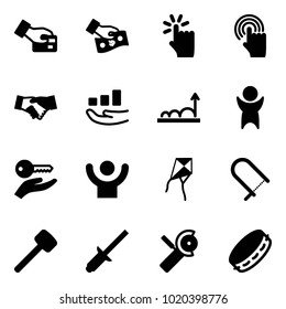 Solid vector icon set - card pay vector, cash, hand touch, cursor, agreement, growth, success, key, kite, fretsaw, rubber hammer, clinch, Angular grinder, tambourine