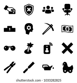 Solid vector icon set - card pay vector, shield cross, group, office chair, pedestal, brain work, job, money, sunglasses, palm, identity, delete, bolt cutter, rasp, oiler, toy duck