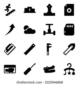 Solid vector icon set - career vector, pedestal, winner, certificate, growth, gyroscope, micro flash card, trowel, ruler, tile drill, generator, awl, crocodile, baby carousel