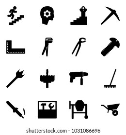 Solid vector icon set - career vector, brain work, success, axe, corner ruler, plumber, screw, wood drill, crown, machine, rake, soldering iron, tool box, cocncrete mixer, wheelbarrow