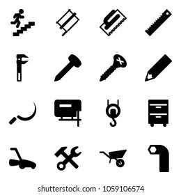 Solid vector icon set - career vector, bucksaw, trowel, ruler, nail, screw, pencil, sickle, jig saw, winch, tool cabinet, lawn mower, wrench hammer, wheelbarrow, allen key