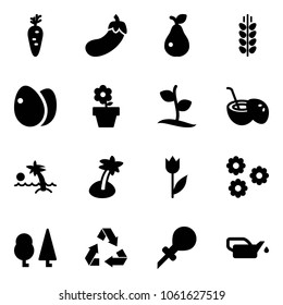 Solid vector icon set - carrot vector, eggplant, pear, spica, eggs, flower pot, sproute, coconut cocktail, palm, tulip, forest, recycling, oiler