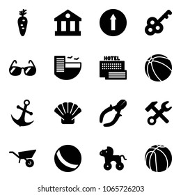 Solid vector icon set - carrot vector, bank, only forward road sign, key, sunglasses, hotel, sea, ball, anchor, shell, side cutters, wrench hammer, wheelbarrow, wheel horse, basketball