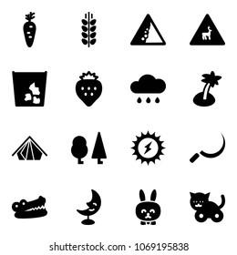 Solid vector icon set - carrot vector, spica, landslide road sign, wild animals, garbage, strawberry, rain cloud, palm, tent, forest, sun power, sickle, crocodile, moon lamp, toy rabbit, cat