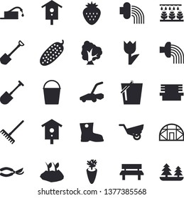 Solid vector icon set - carrot flat vector, cucumber, Strawberry, nesting box, tree, sprinkling machine, shovel, hose, secateurs, rake, bucketful, planting plants, irrigation, garden wheelbarrow