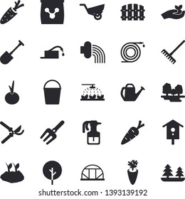 Solid vector icon set - carrot flat vector, onion, nesting box, tree, pulverizer, sprinkling machine, pitchfork, shovel, hose, fence, secateurs, seedlings, rake, watering can, bucketful, irrigation