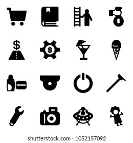 Solid vector icon set - cart vector, book, opportunity, rich, dollar, money managemet, drink, ice cream, uv, surveillance camera, standby button, mason hammer, wrench, ufo toy, doll