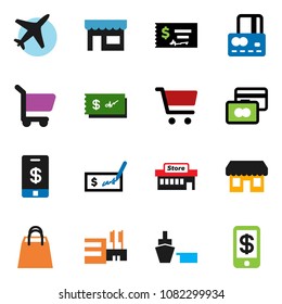 solid vector icon set - cart vector, credit card, check, plane, port, shopping bag, store, mall, tap pay
