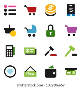 solid vector icon set - cart vector, dollar coin, wallet, open, card reader, basket, auction, lock, check, tap pay, diamond ring, baby stroller, menu, store scales