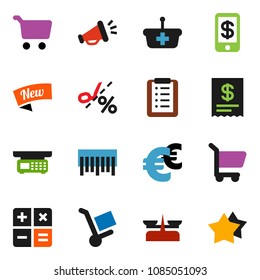 solid vector icon set - cart vector, euro sign, barcode, new, receipt, basket, shopping list, calculator, trolley, loudspeaker, tap pay, coupon, store scales, star