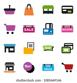 solid vector icon set - cart vector, credit card, office, estate document, sale signboard, rooms, low price, new, shopping bag, market, store, basket