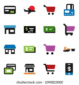 solid vector icon set - cart vector, credit card, check, office, plane, port, store, tap pay