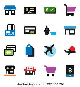 solid vector icon set - cart vector, credit card, check, office, plane, port, shopping bag, store, mall, tap pay