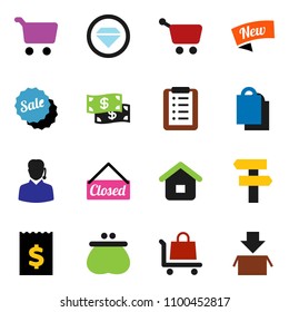 solid vector icon set - cart vector, receipt, wallet, cash, sale, new, closed, shopping bag, support, home, list, trolley, diamond ring, signpost, package