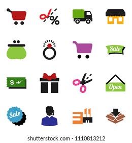 solid vector icon set - cart vector, gift, wallet, sale, open, store, mall, support, delivery, check, coupon, diamond ring, package