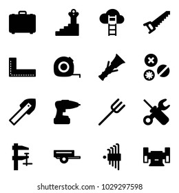 Solid vector icon set - case vector, success, cloud ladder, saw, corner ruler, measuring tape, dowel, rivet, tile drill, farm fork, wrench screwdriver, clamp, trailer, allen key set, sharpening