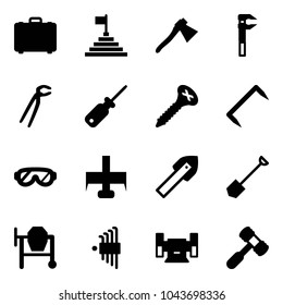 Solid vector icon set - case vector, pyramid flag, axe, plumber, screwdriver, screw, staple, protective glasses, milling cutter, tile drill, shovel, cocncrete mixer, allen key set, sharpening