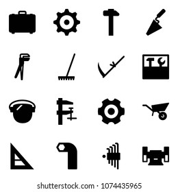 Solid vector icon set - case vector, gear, hammer, trowel, plumber, rake, scythe, tool box, protect glass, clamp, wheelbarrow, corner ruler, allen key, set, sharpening