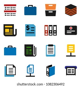 solid vector icon set - case vector, clipboard, certificate, archive, exam, annual report, binder, document, newspaper, big data, network, receipt