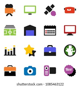 solid vector icon set - case vector, world, calendar, stadium, satellite, camera, equalizer, video, monitor, barn, star, new