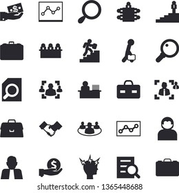 Solid vector icon set - case flat vector, person, investments, briefcase, headache, teamwork, recruitment, magnifier, office worker, point diagram, meeting, agreement, businessman, career ladder