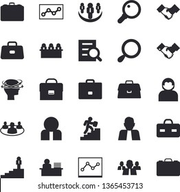 Solid vector icon set - case flat vector, person, team, briefcase, headache, teamwork, magnifier, office worker, point diagram, meeting, agreement, career ladder, user